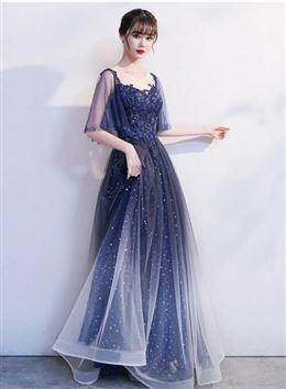 Picture of Blue Gradient Long Formal Dresses with Puffy Sleeves, A-line Tulle Blue Prom Dresses Bridesmaid Dress